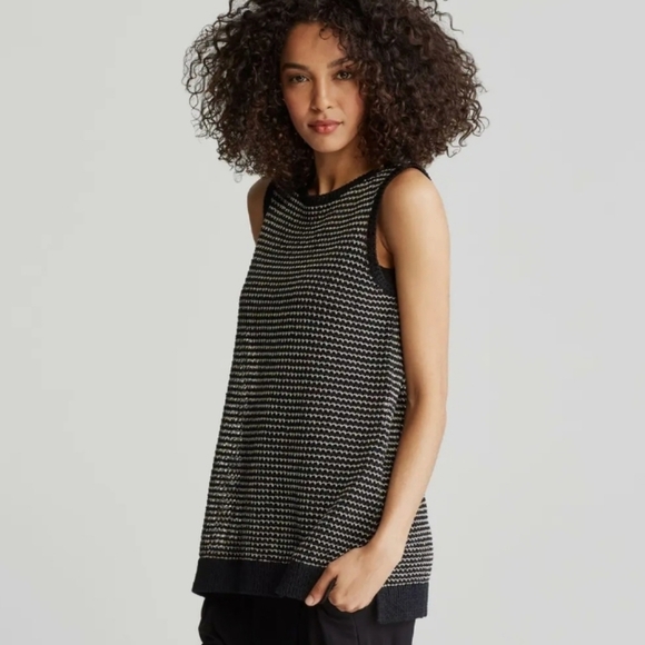 Eileen Fisher Black Tan Mesh Organic Cotton Linen Bateau Tank L Petite NWT - Picture 1 of 8